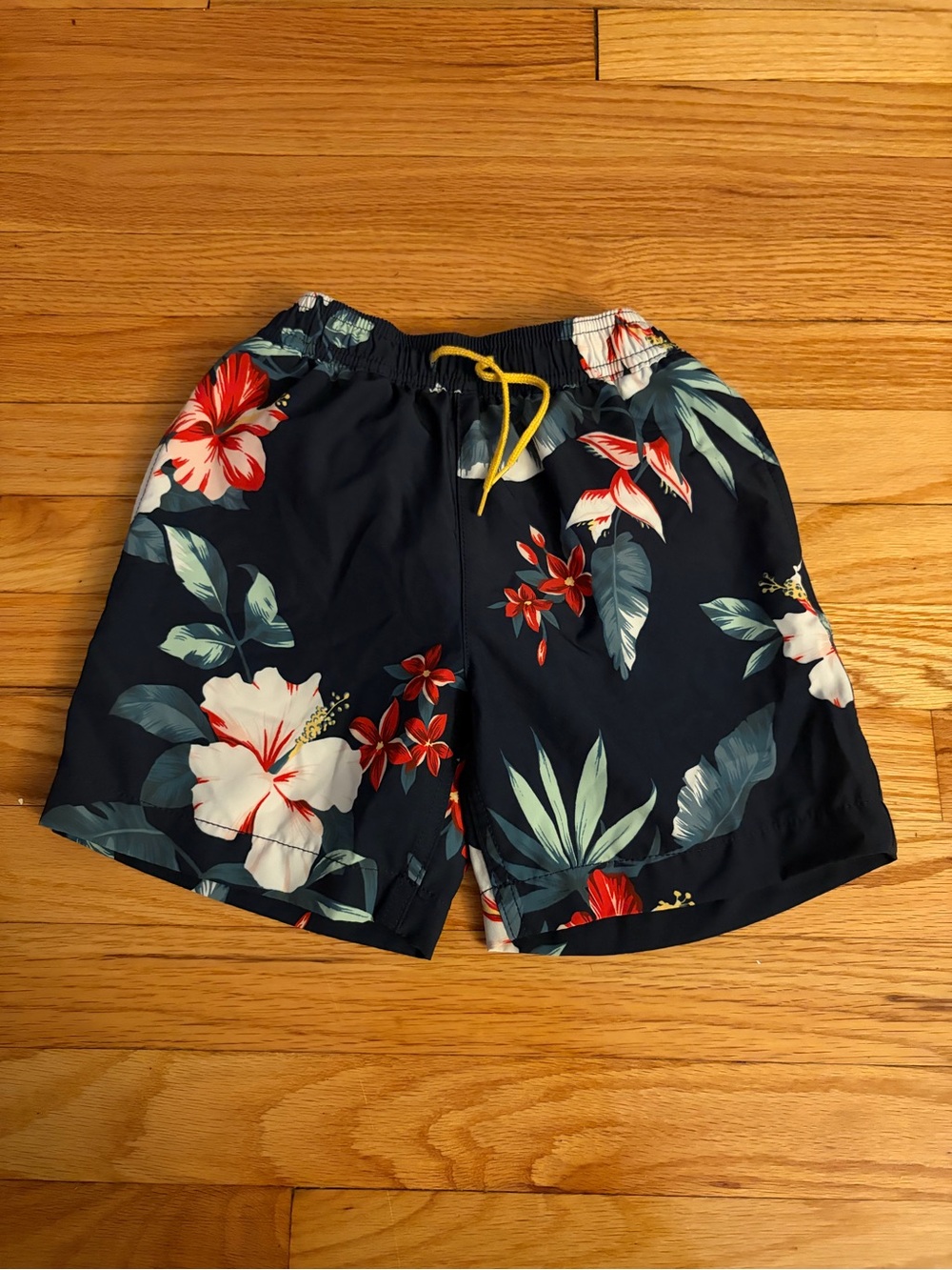 Crewcuts Navy Floral Swim Shorts with Yellow Drawstring